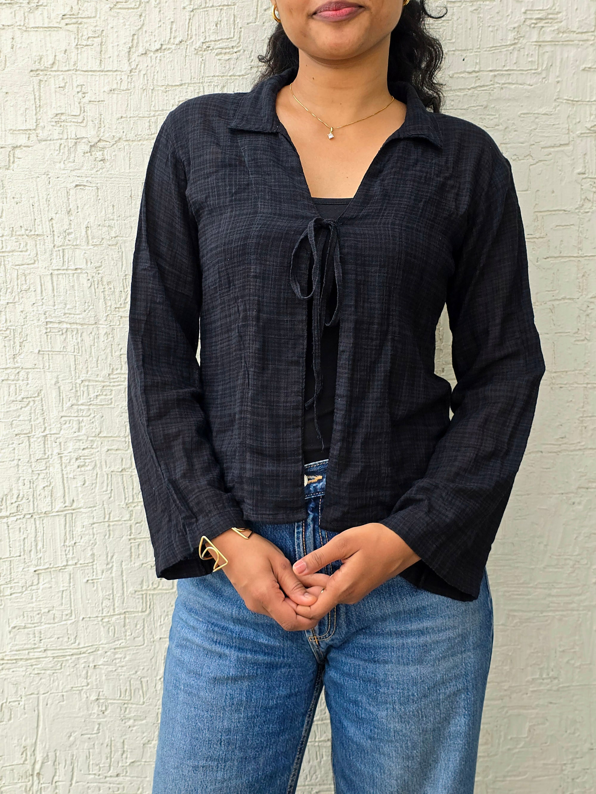 Drawstring Shrug – Black Checker Pattern