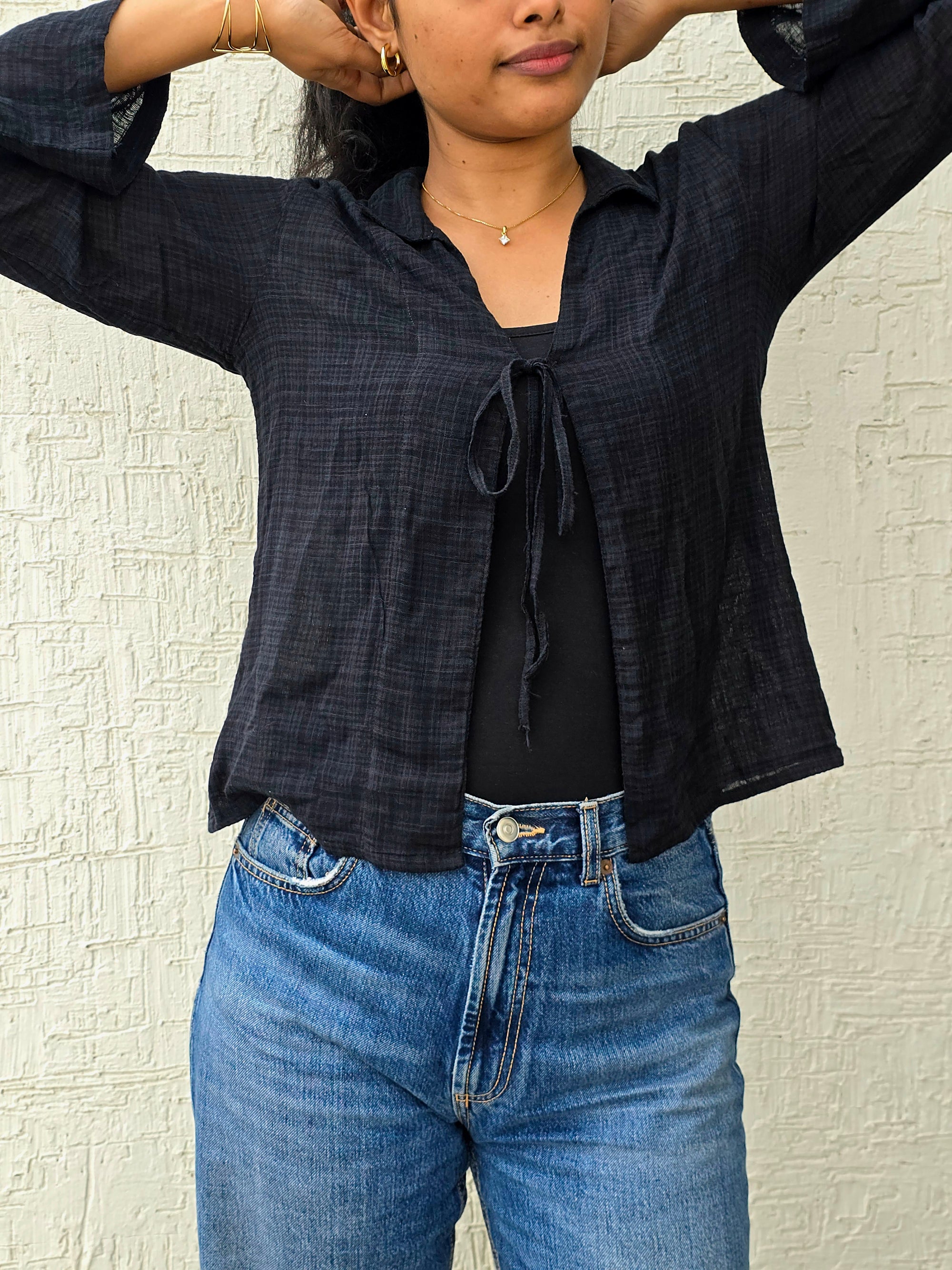 Drawstring Shrug – Black Checker Pattern